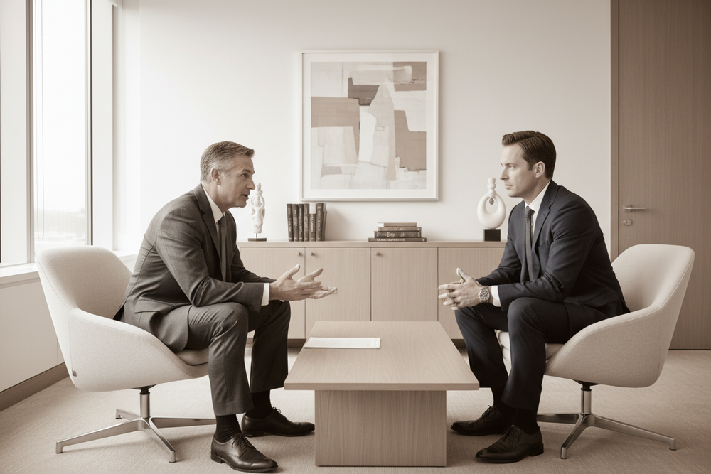 2 caucasian businessman doing 1 on 1 coaching